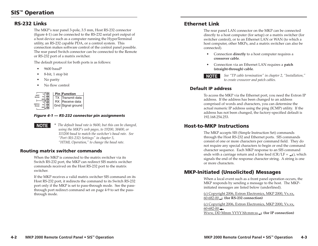 Rs-232 links, Routing matrix switcher commands, Ethernet link | Default ip address, Host-to-mkp instructions, Mkp-initiated (unsolicited) messages, Operation | Extron Electronics MKP 2000 User Manual | Page 23 / 43