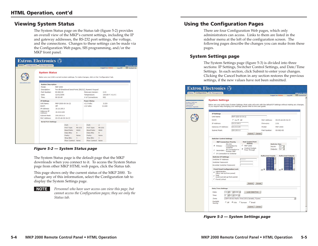 Viewing system status, Html operation, cont’d, Using the configuration pages | Extron Electronics MKP 2000 User Manual | Page 32 / 43