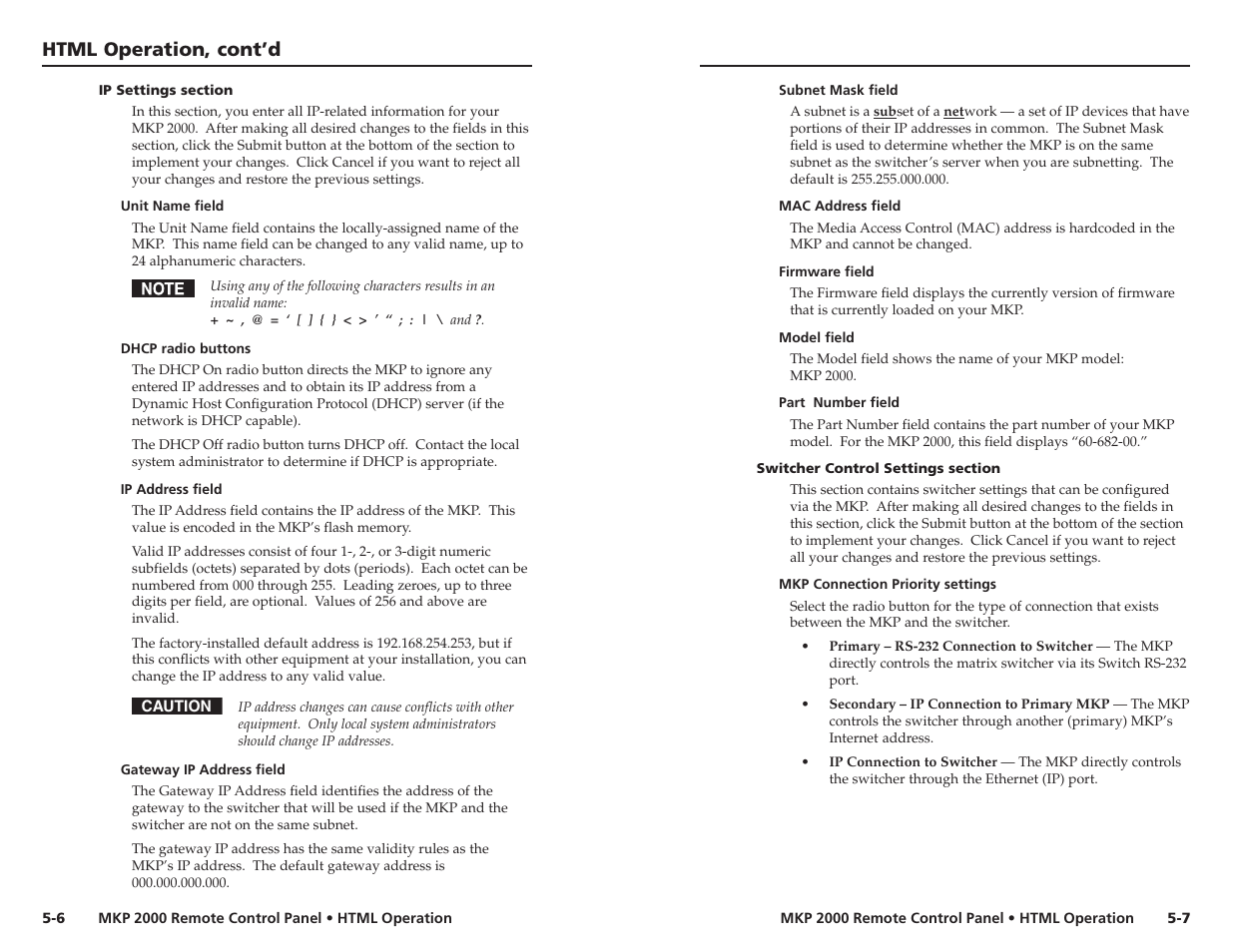 Ip settings section, Unit name field, Dhcp radio buttons | Ip address field, Gateway ip address field, Subnet mask field, Mac address field, Firmware field, Model field, Part number field | Extron Electronics MKP 2000 User Manual | Page 33 / 43