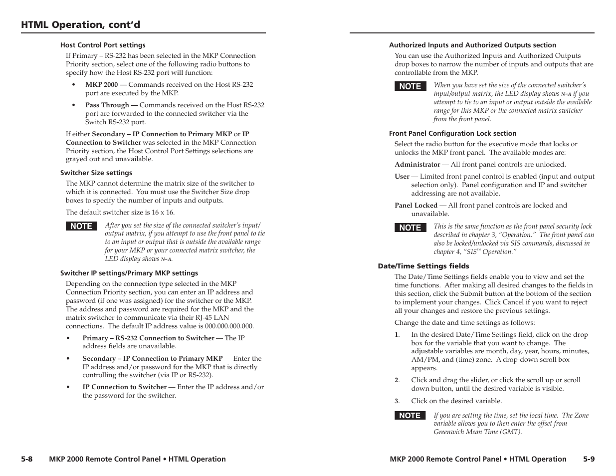 Host control port settings, Switcher size settings, Switcher ip settings/primary mkp settings | Authorized inputs and authorized outputs section, Front panel configuration lock section, Date/time settings fields, Html operation, cont’d | Extron Electronics MKP 2000 User Manual | Page 34 / 43