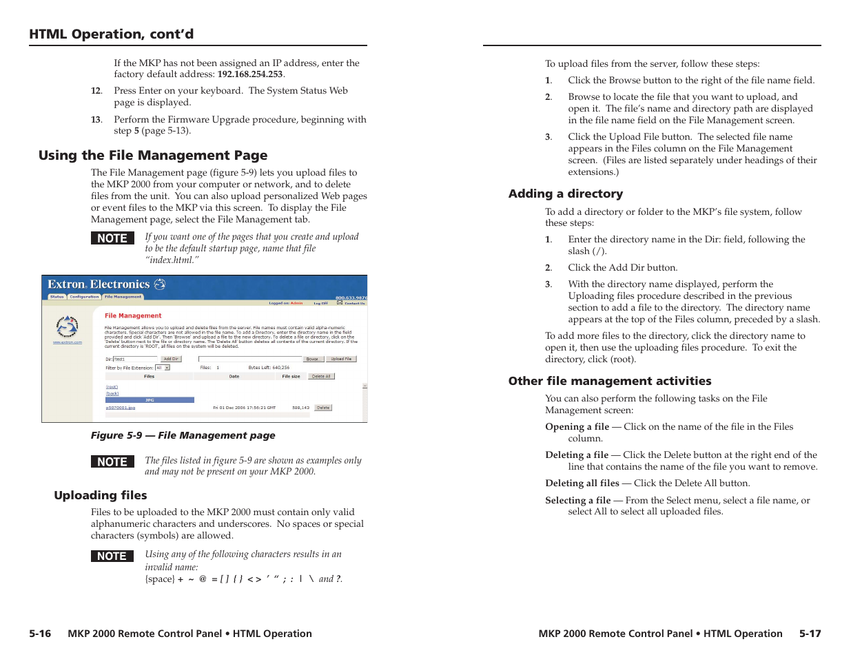 Uploading files, Adding a directory, Other file management activities | Html operation, cont’d, Using the file management page | Extron Electronics MKP 2000 User Manual | Page 38 / 43