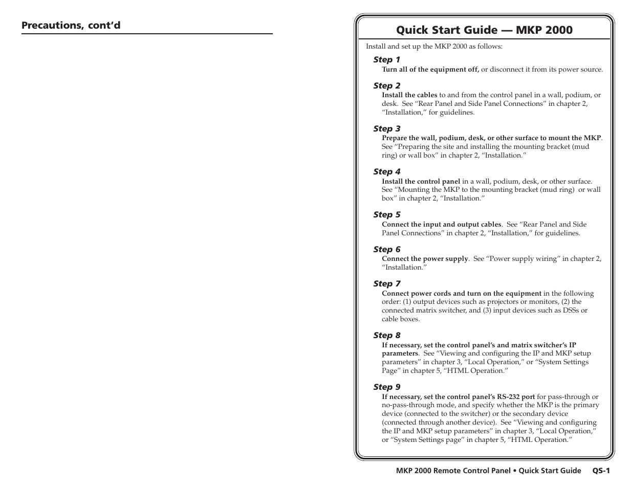 Quick start guide — mkp 2000, Precautions, cont’d | Extron Electronics MKP 2000 User Manual | Page 4 / 43