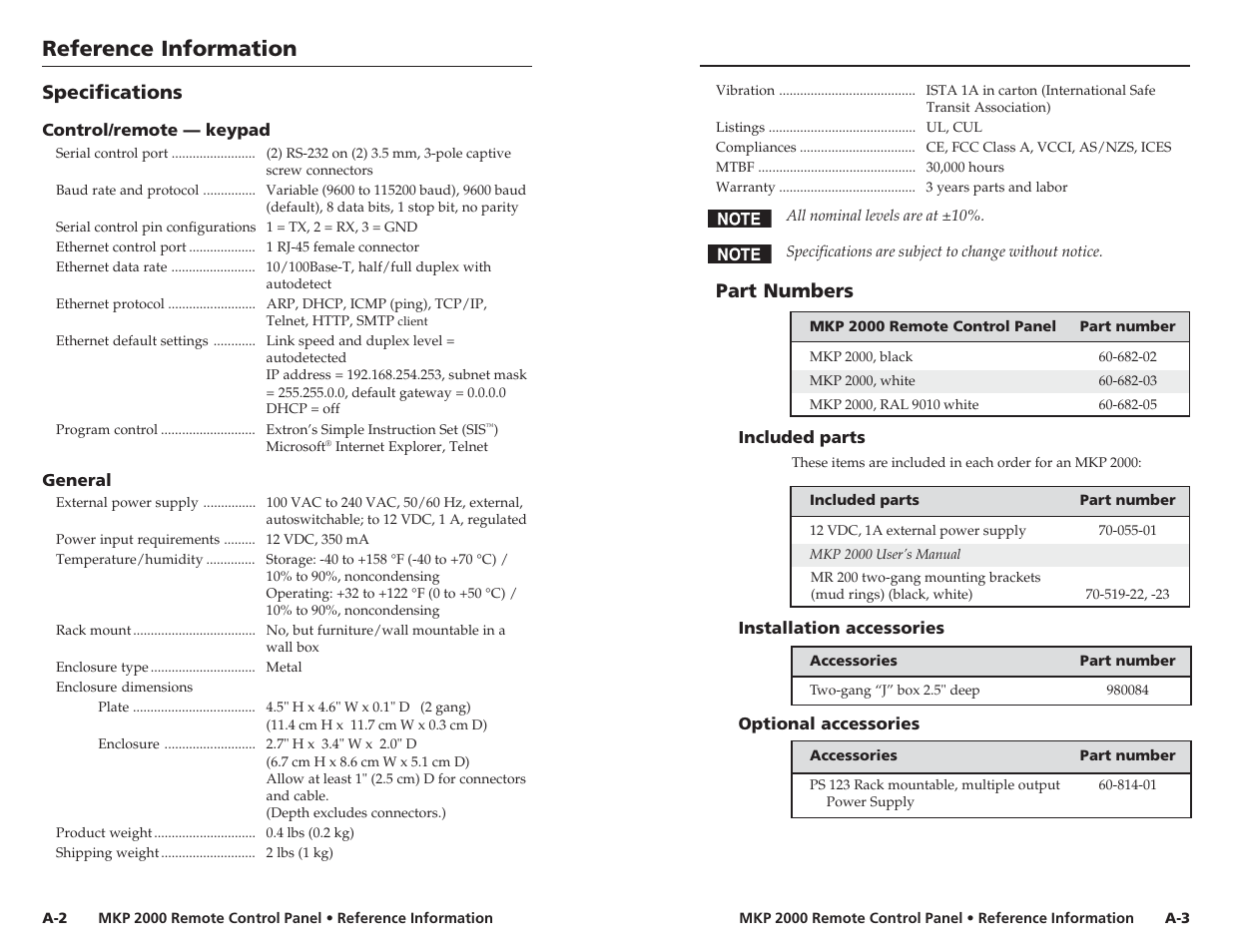 Specifications, Part numbers, Included parts | Installation accessories, Optional accessories, Reference information | Extron Electronics MKP 2000 User Manual | Page 40 / 43