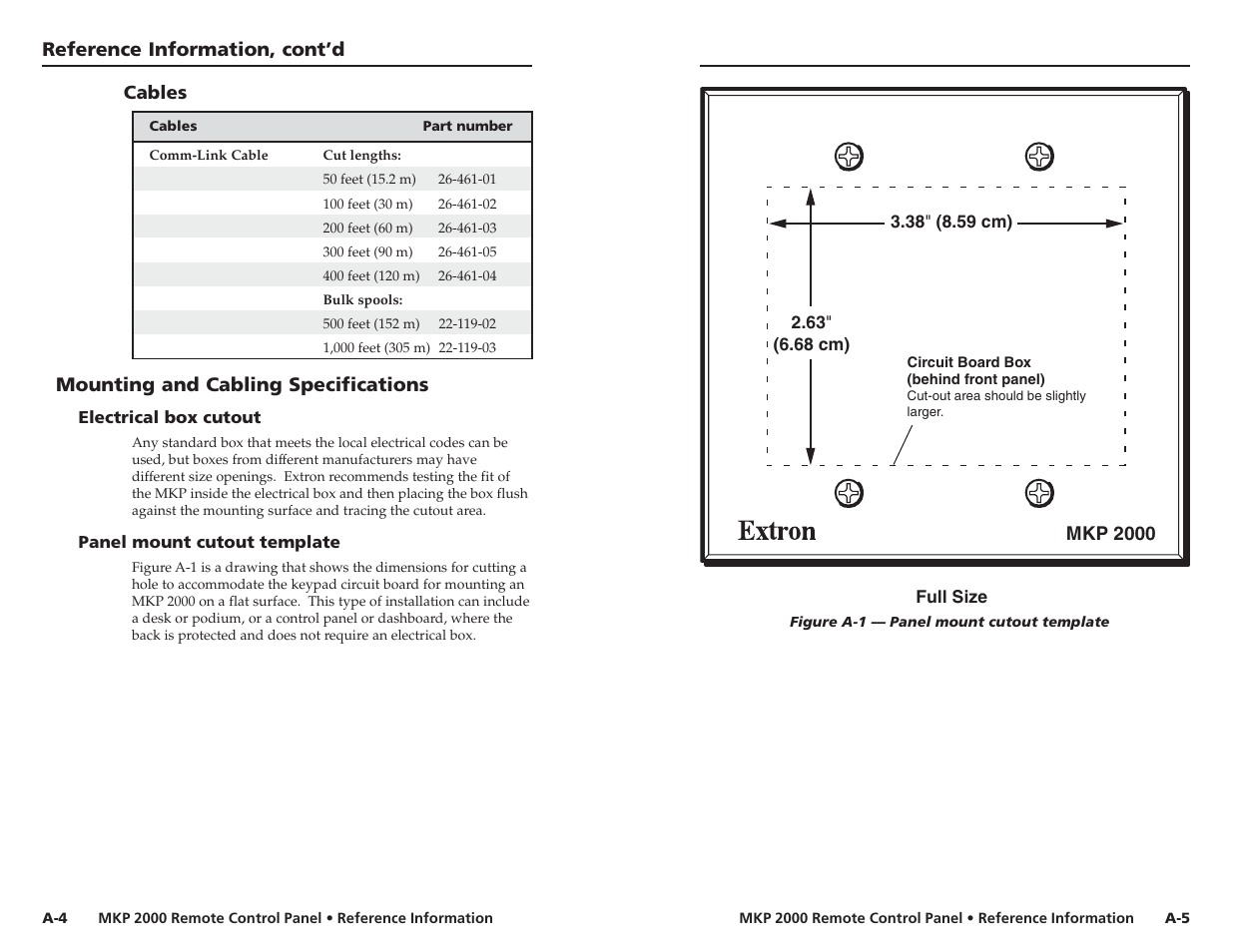 Cables, Mounting and cabling specifications, Electrical box cutout | Panel mount cutout template, Reference information, cont’d | Extron Electronics MKP 2000 User Manual | Page 41 / 43