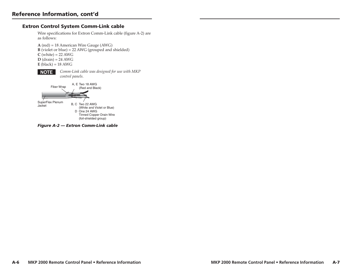 Extron control system comm-link cable, Reference information, cont’d | Extron Electronics MKP 2000 User Manual | Page 42 / 43