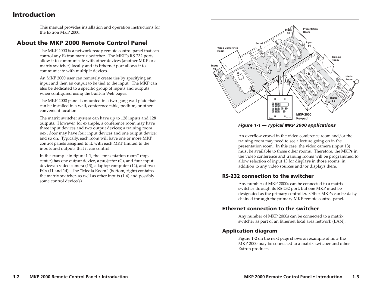 About the mkp 2000 remote control panel, Rs-232 connection to the switcher, Ethernet connection to the switcher | Application diagram, Introduction | Extron Electronics MKP 2000 User Manual | Page 8 / 43