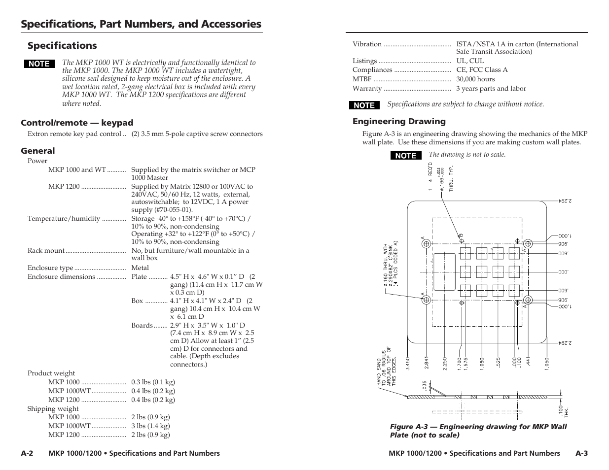Specifications, part numbers, and accessories, Specifications | Extron Electronics MKP 1200 Keypad User Manual | Page 18 / 21
