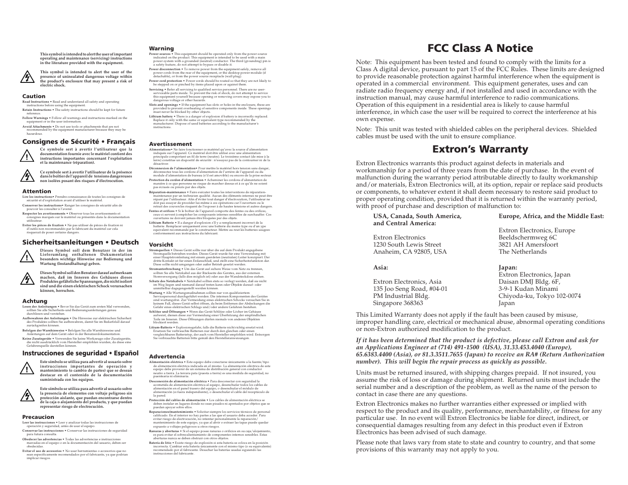 Fcc class a notice, Extron’s warranty, Instrucciones de seguridad • español | Extron Electronics MKP 1200 Keypad User Manual | Page 2 / 21