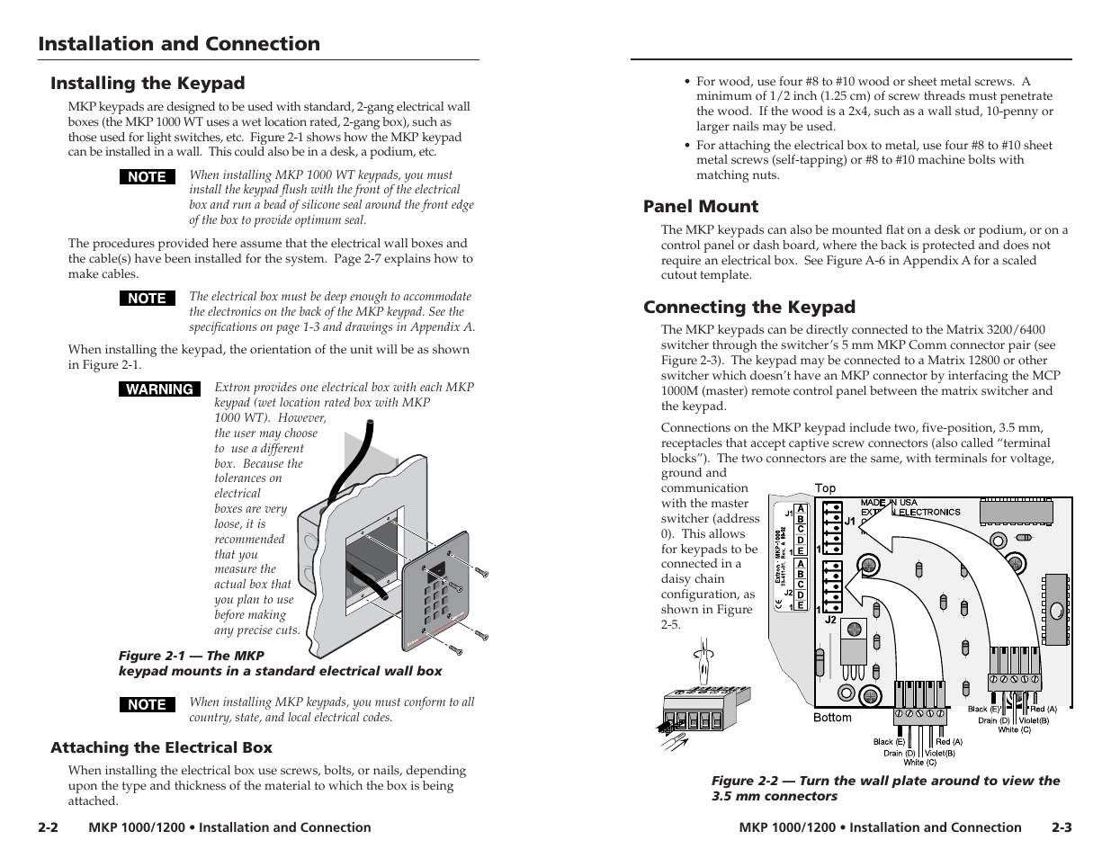 Installation and connection, Panel mount, Connecting the keypad | Installing the keypad, Vie w en te r, Attaching the electrical box | Extron Electronics MKP 1200 Keypad User Manual | Page 8 / 21