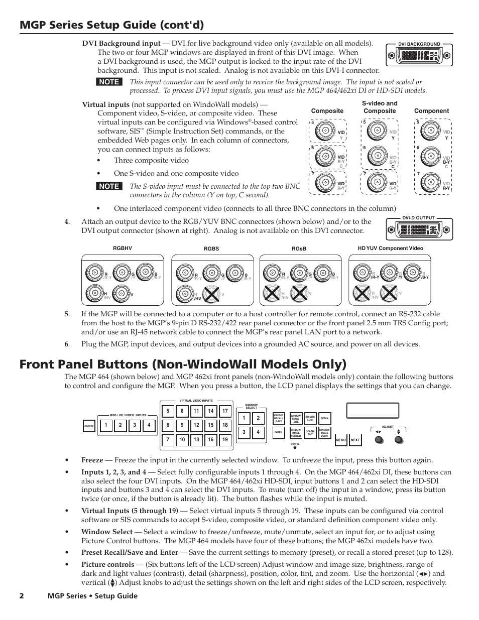 Front panel buttons (non-windowall models only), Mgp series setup guide (cont'd), Based control software, sis | And vertical | Extron Electronics MGP Series Setup Guide User Manual | Page 2 / 4