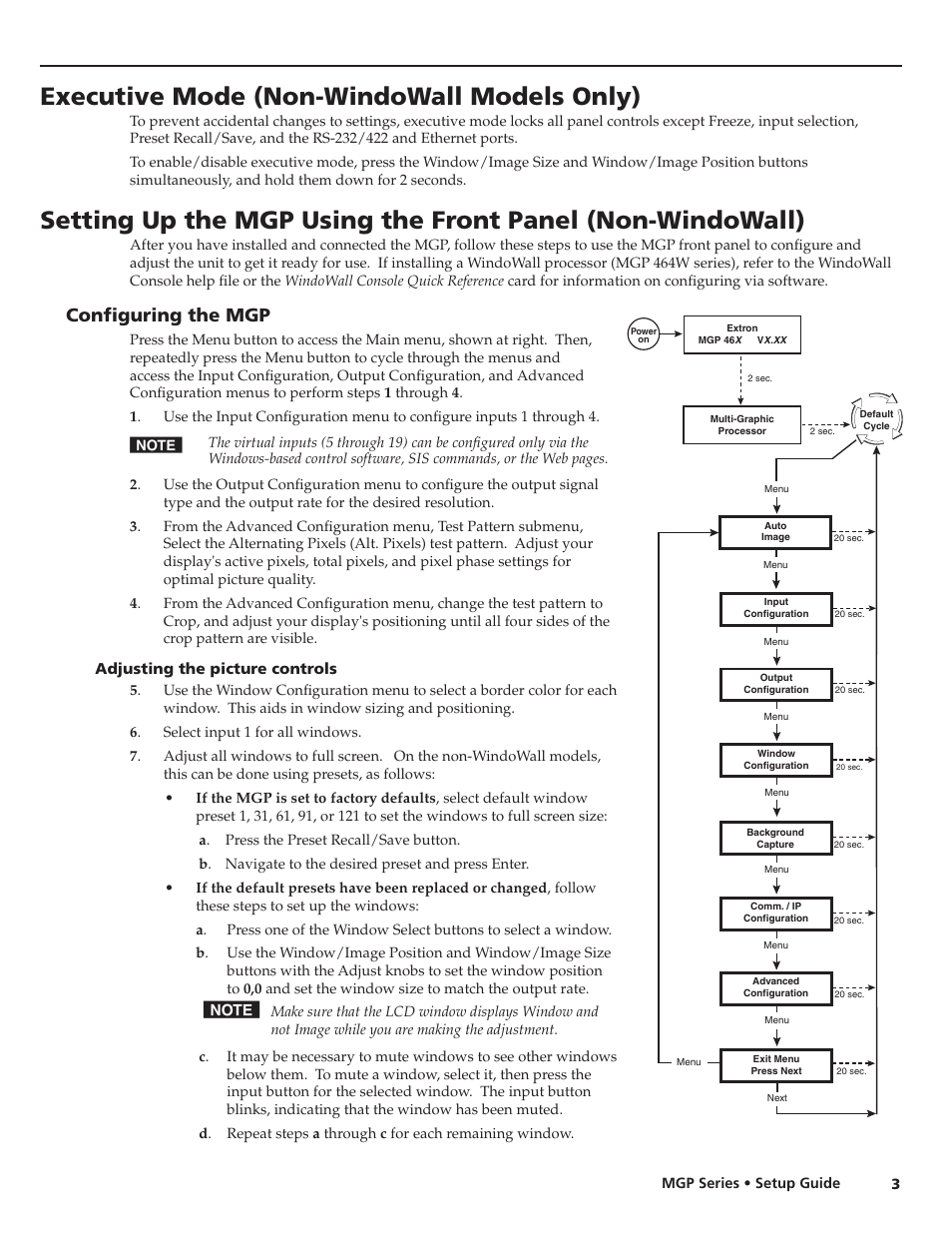 Executive mode (non-windowall models only), Configuring the mgp | Extron Electronics MGP Series Setup Guide User Manual | Page 3 / 4