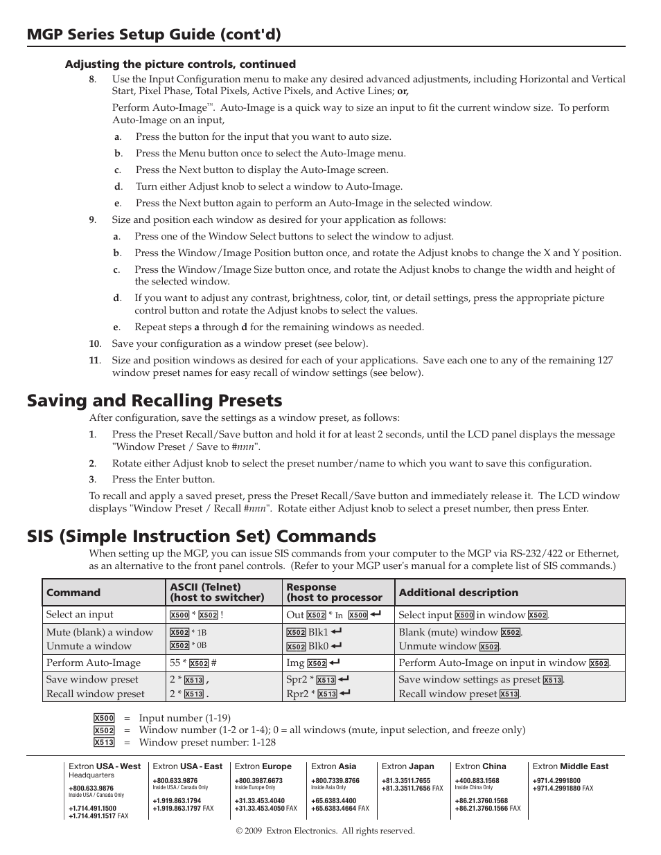 Saving and recalling presets, Sis (simple instruction set) commands, Mgp series setup guide (cont'd) | X50) | Extron Electronics MGP Series Setup Guide User Manual | Page 4 / 4