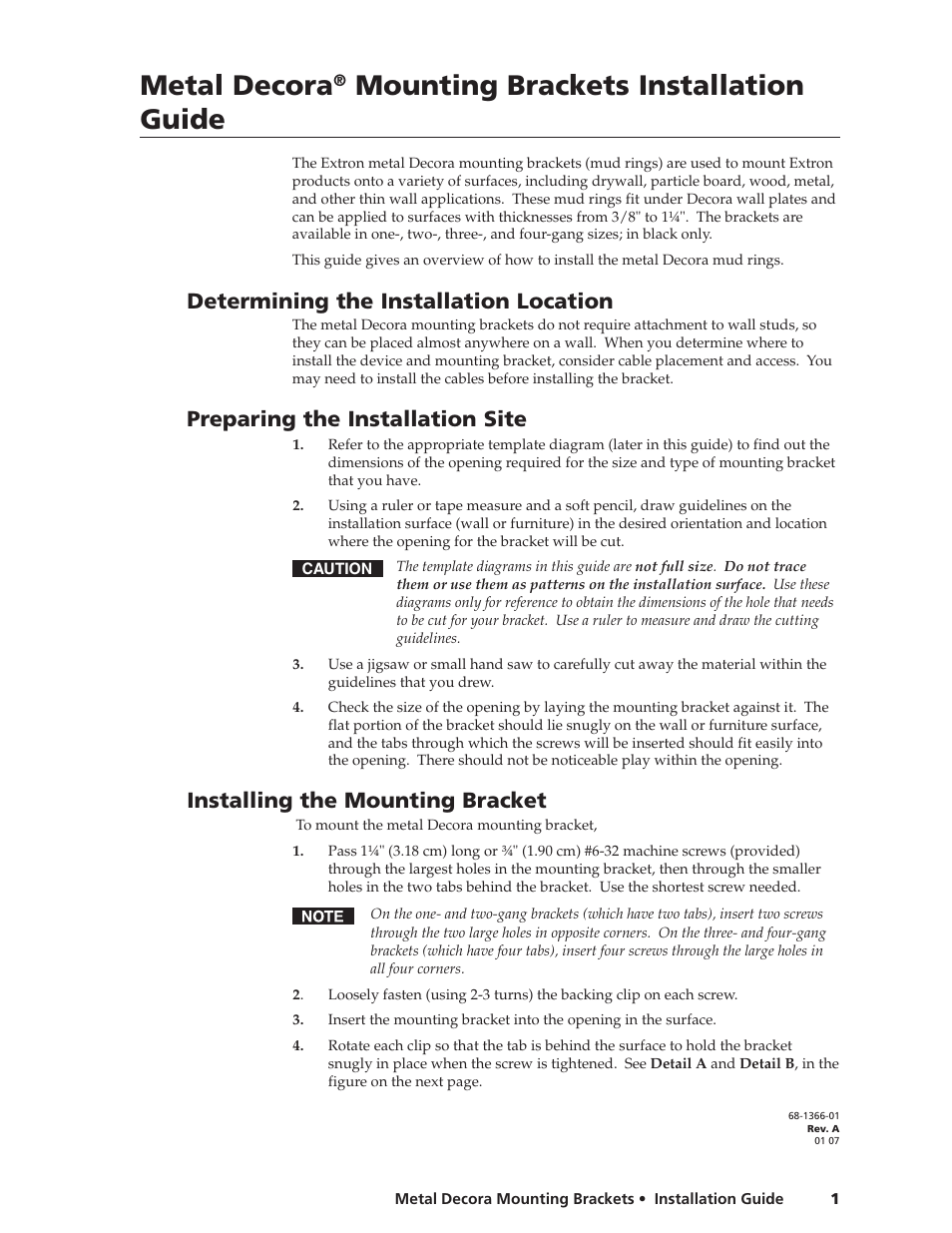 Extron Electronics Metal Decora Mounting Brackets User Manual | 6 pages