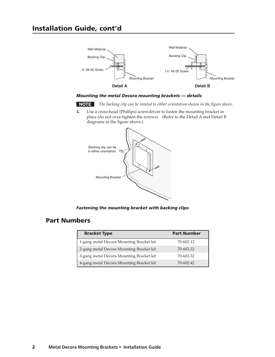 Part numbers, Installation guide, cont’d | Extron Electronics Metal Decora Mounting Brackets User Manual | Page 2 / 6