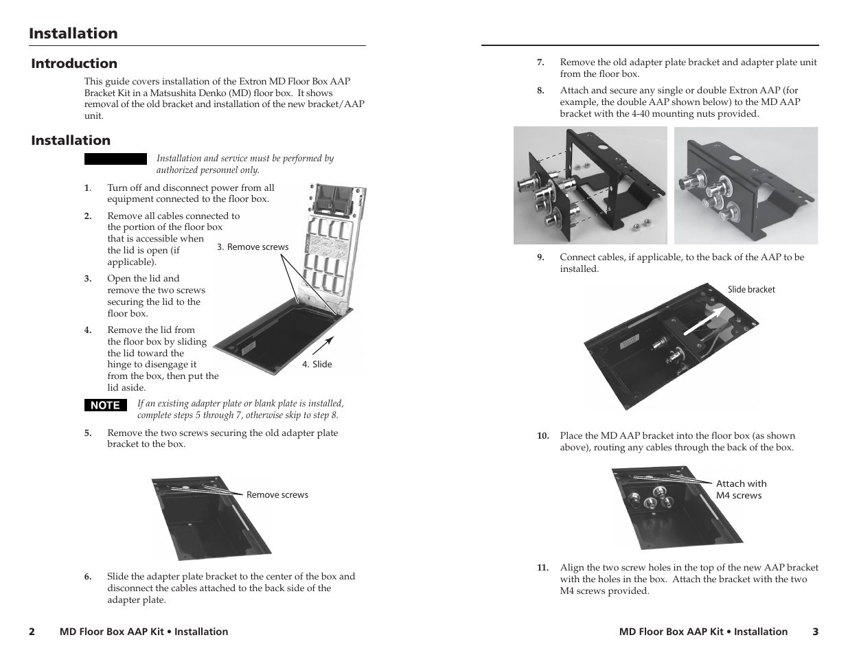 Installation, Introduction | Extron Electronics MD Floor Box AAP Bracket User Manual | Page 2 / 2