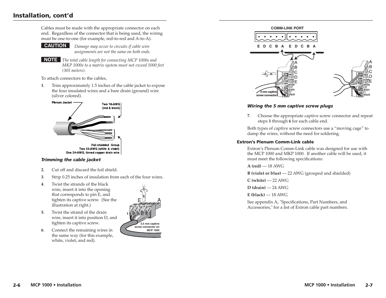 Extron’s plenum comm-link cable, Installation, cont’d | Extron Electronics MCP 1000 User Manual | Page 10 / 21