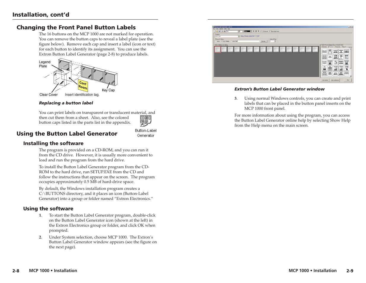 Mounting the mcp 1000, Changing the front panel button labels, Using the button label generator | Installing the software, Using the software, Installation, cont’d | Extron Electronics MCP 1000 User Manual | Page 11 / 21