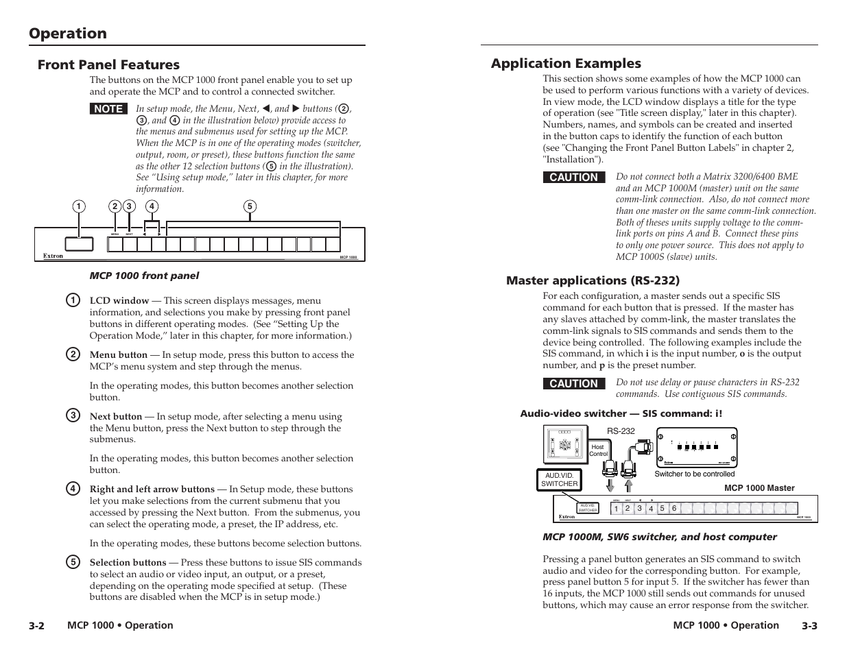 Front panel features, Application examples, Master applications (rs-232) | Audio-video switcher — sis command: i, Operation | Extron Electronics MCP 1000 User Manual | Page 13 / 21