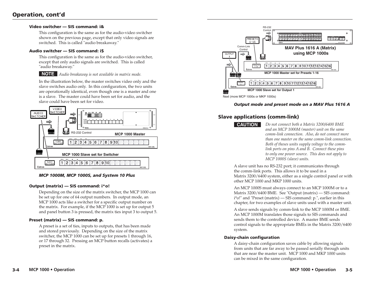 Video switcher — sis command: i, Audio switcher — sis command: i, Output (matrix) — sis command: i*o | Preset (matrix) — sis command: p, Slave applications (comm-link), Daisy-chain confi guration, Operation, cont’d, Outputs, Av matrix switcher with ip link™ mav plus series, Menu next | Extron Electronics MCP 1000 User Manual | Page 14 / 21