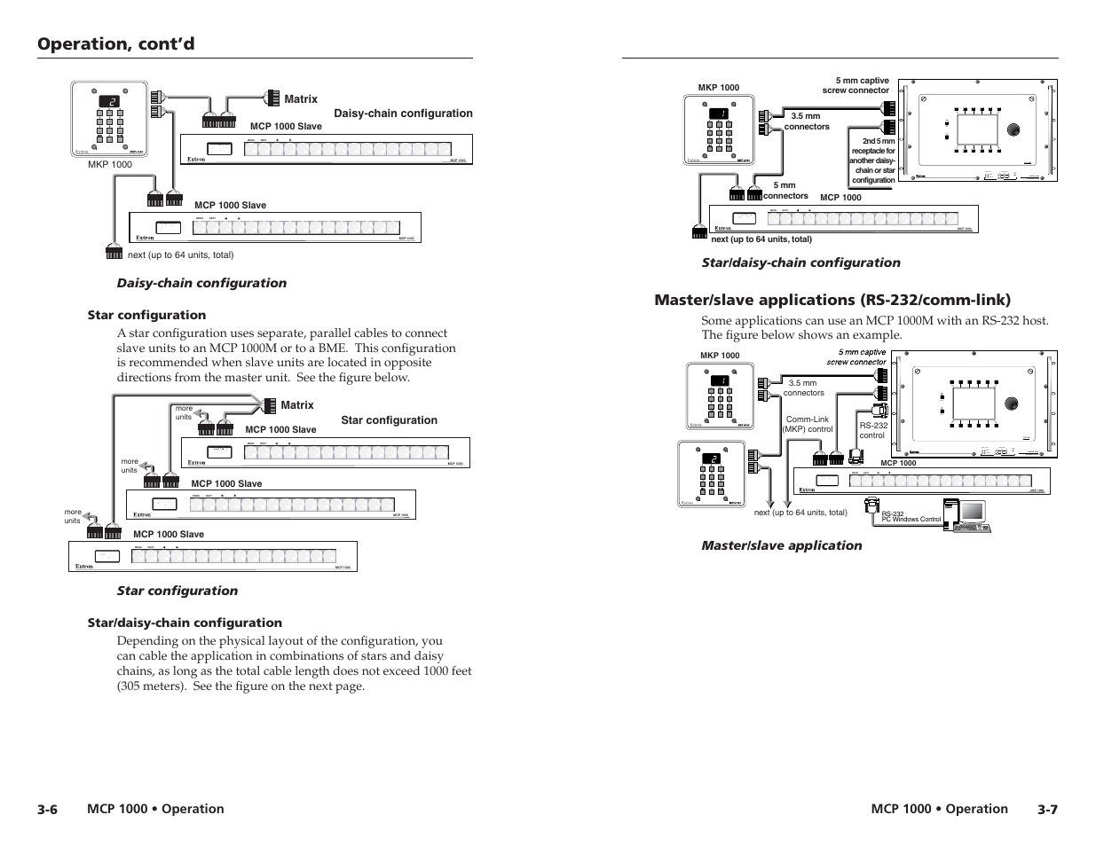 Star confi guration, Star/daisy-chain confi guration, Master/slave applications (rs-232/comm-link) | Operation, cont’d | Extron Electronics MCP 1000 User Manual | Page 15 / 21