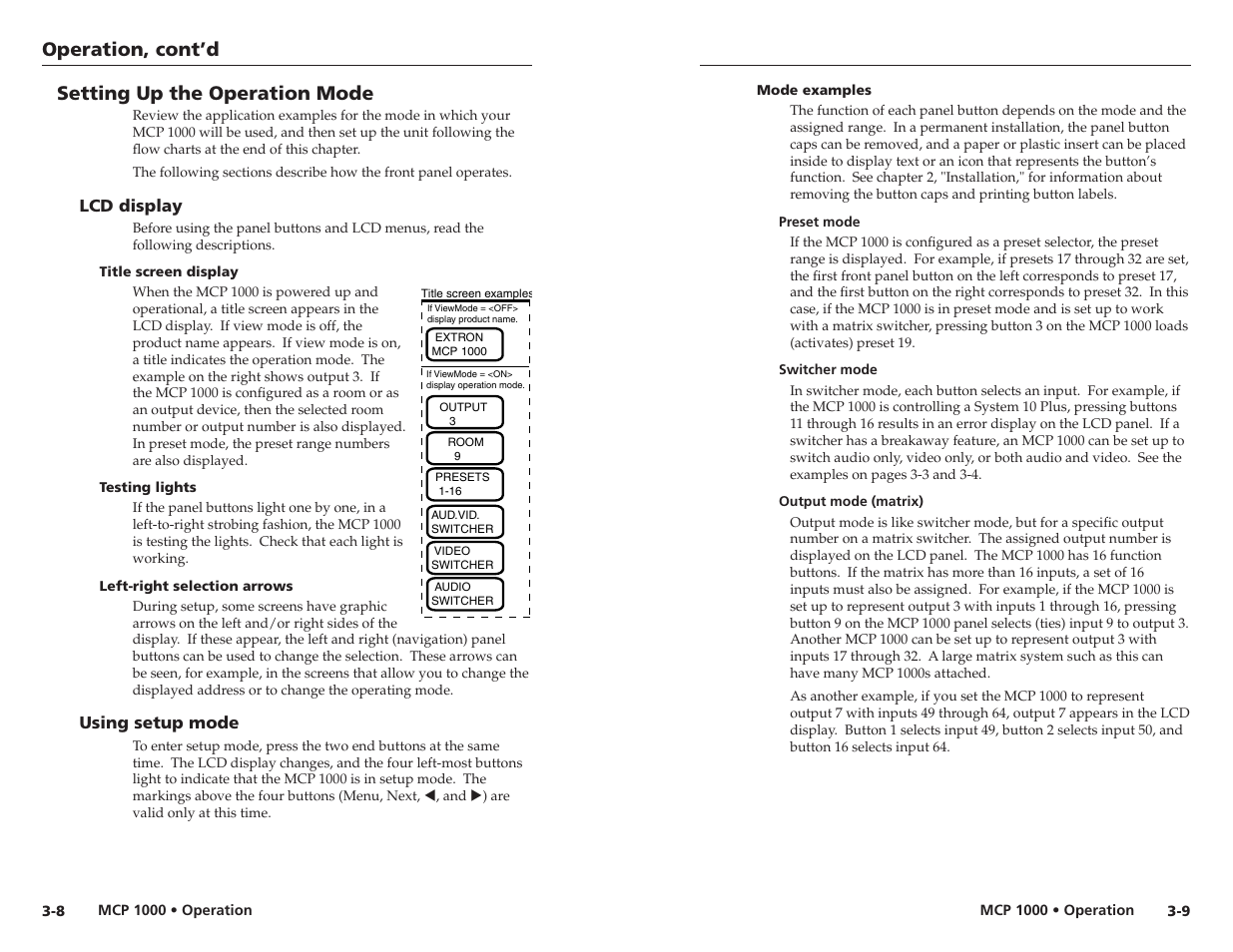 Setting up the operation mode, Lcd display, Title screen display | Testing lights, Left-right selection arrows, Using setup mode, Mode examples, Preset mode, Switcher mode, Output mode (matrix) | Extron Electronics MCP 1000 User Manual | Page 16 / 21