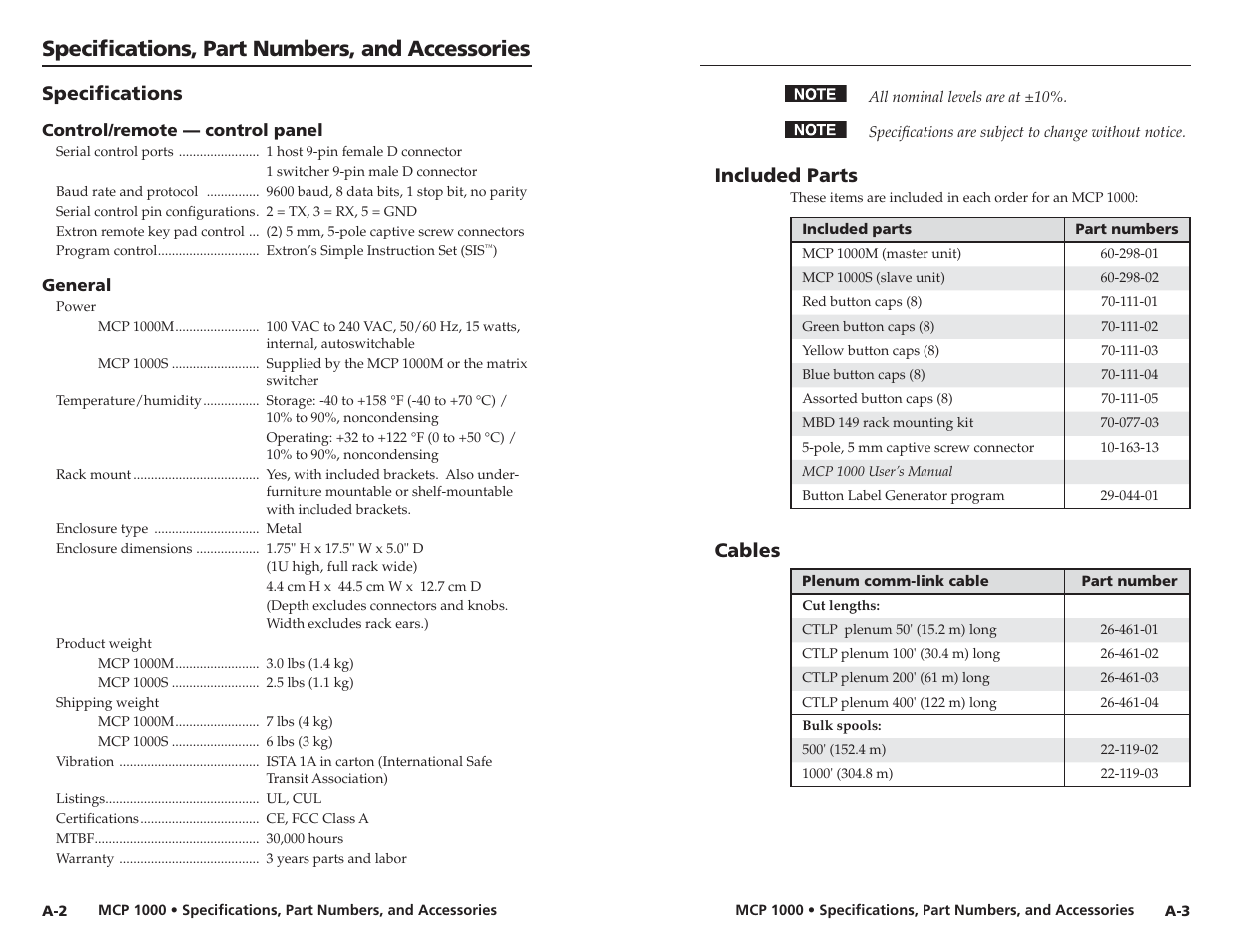 Specifications, Included parts, Cables | Specifi cations, part numbers, and accessories, Specifi cations | Extron Electronics MCP 1000 User Manual | Page 19 / 21