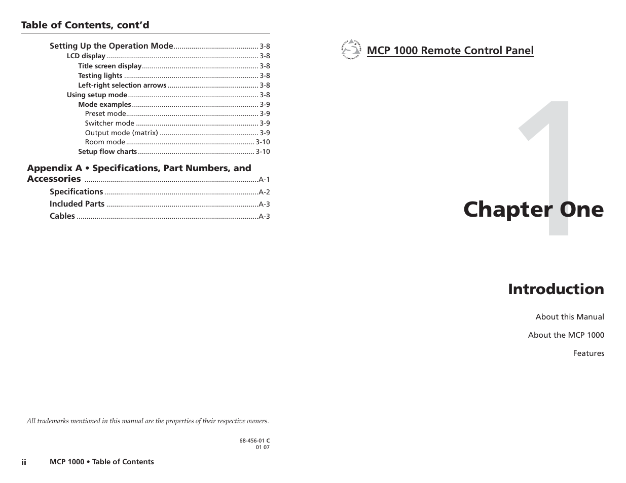 Introduction, Chapter one | Extron Electronics MCP 1000 User Manual | Page 5 / 21