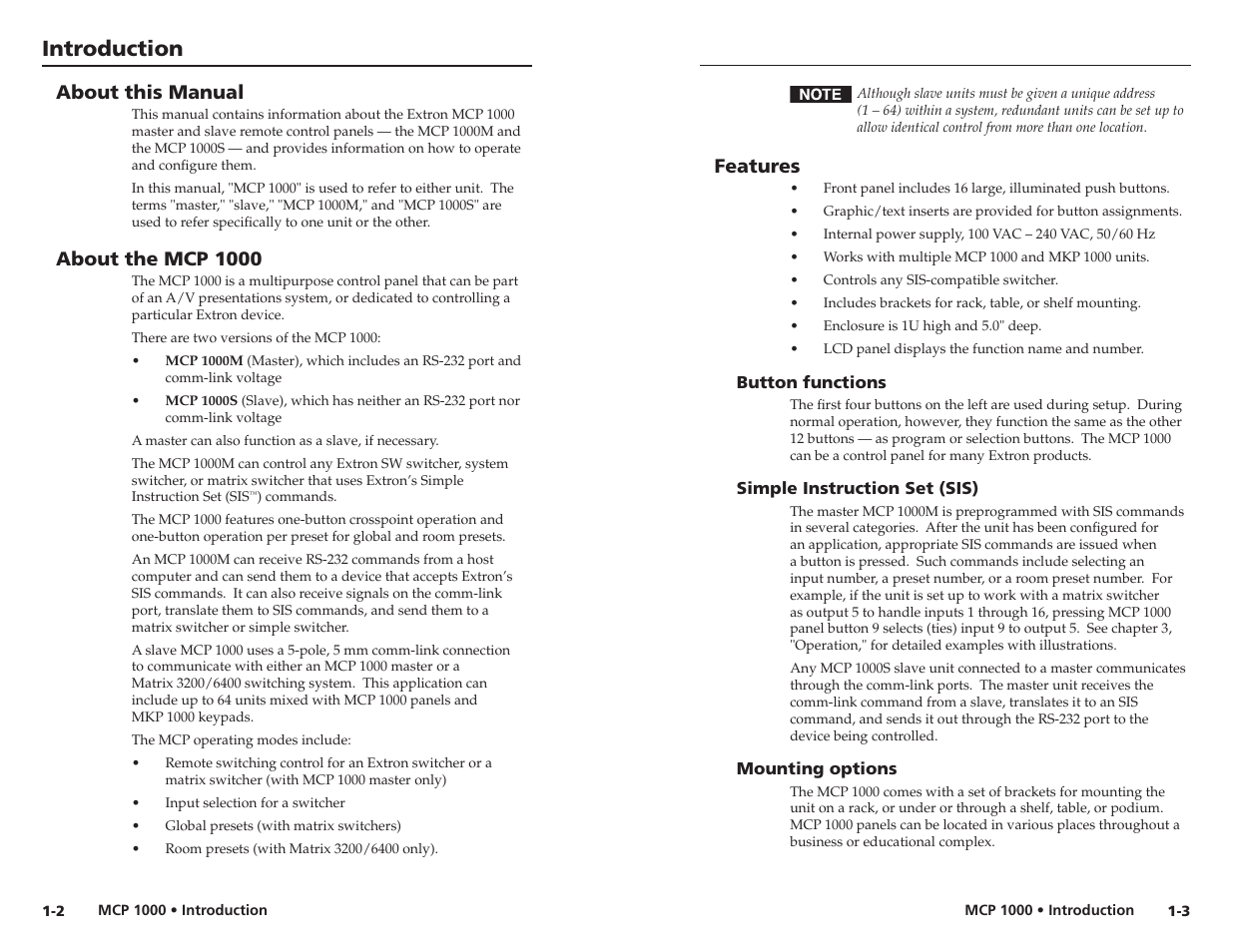 About this manual, About the mcp 1000, Features | Button functions, Simple instruction set (sis), Mounting options, Introduction | Extron Electronics MCP 1000 User Manual | Page 6 / 21