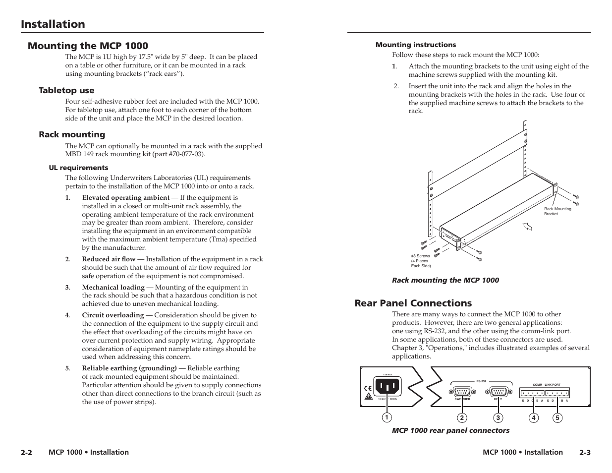 Mounting the mcp 1000, Tabletop use, Rack mounting | Ul requirements, Mounting instructions, Rear panel connections, Installation | Extron Electronics MCP 1000 User Manual | Page 8 / 21