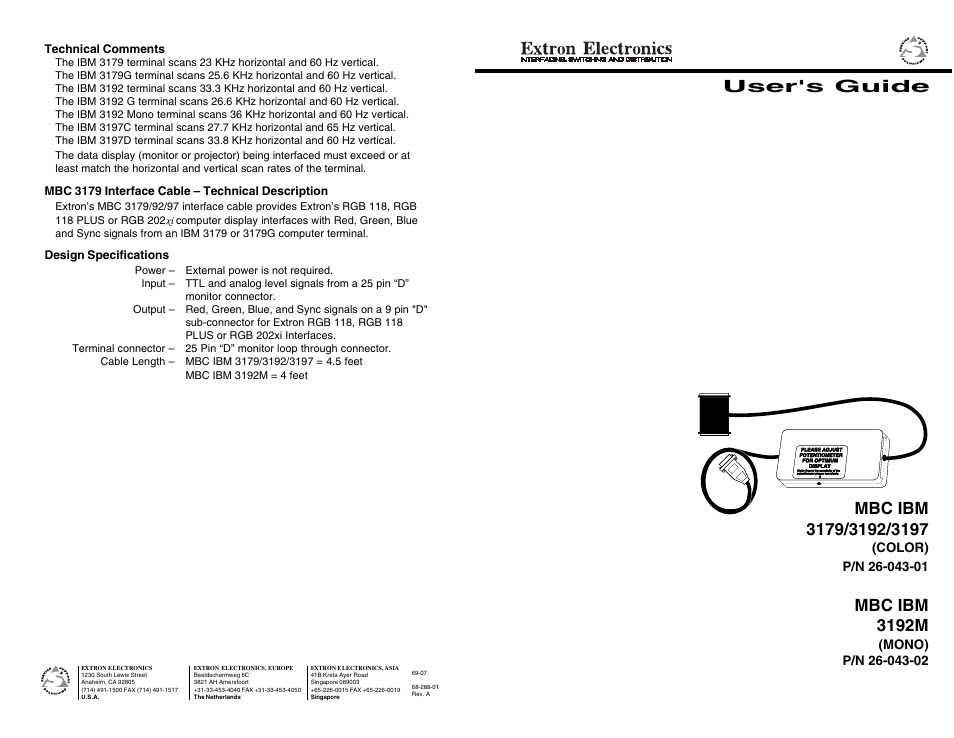Extron Electronics MBC IBM 3192M(MONO) User Manual | 2 pages
