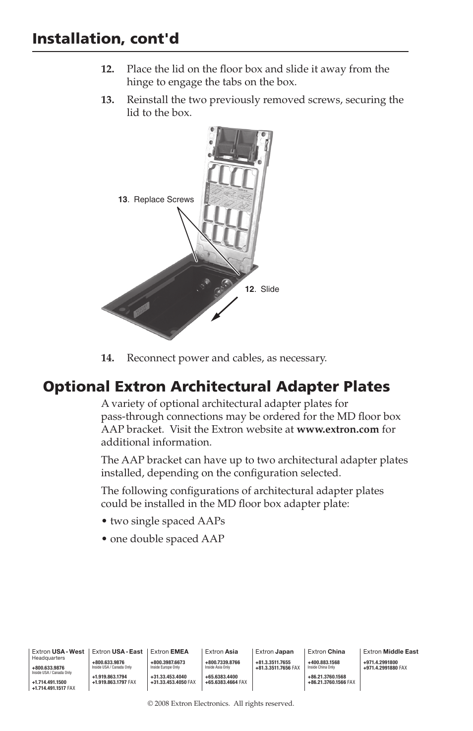 Installation, cont'd, Optional extron architectural adapter plates, Reconnect power and cables, as necessary | Extron Electronics AAP 100 MD User Manual | Page 4 / 4