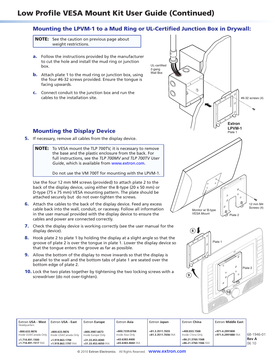 Mounting the display device, Extron contact information, Low profile vesa mount kit user guide (continued) | Extron Electronics Low Profile VESA Mount Kit User Manual | Page 2 / 2