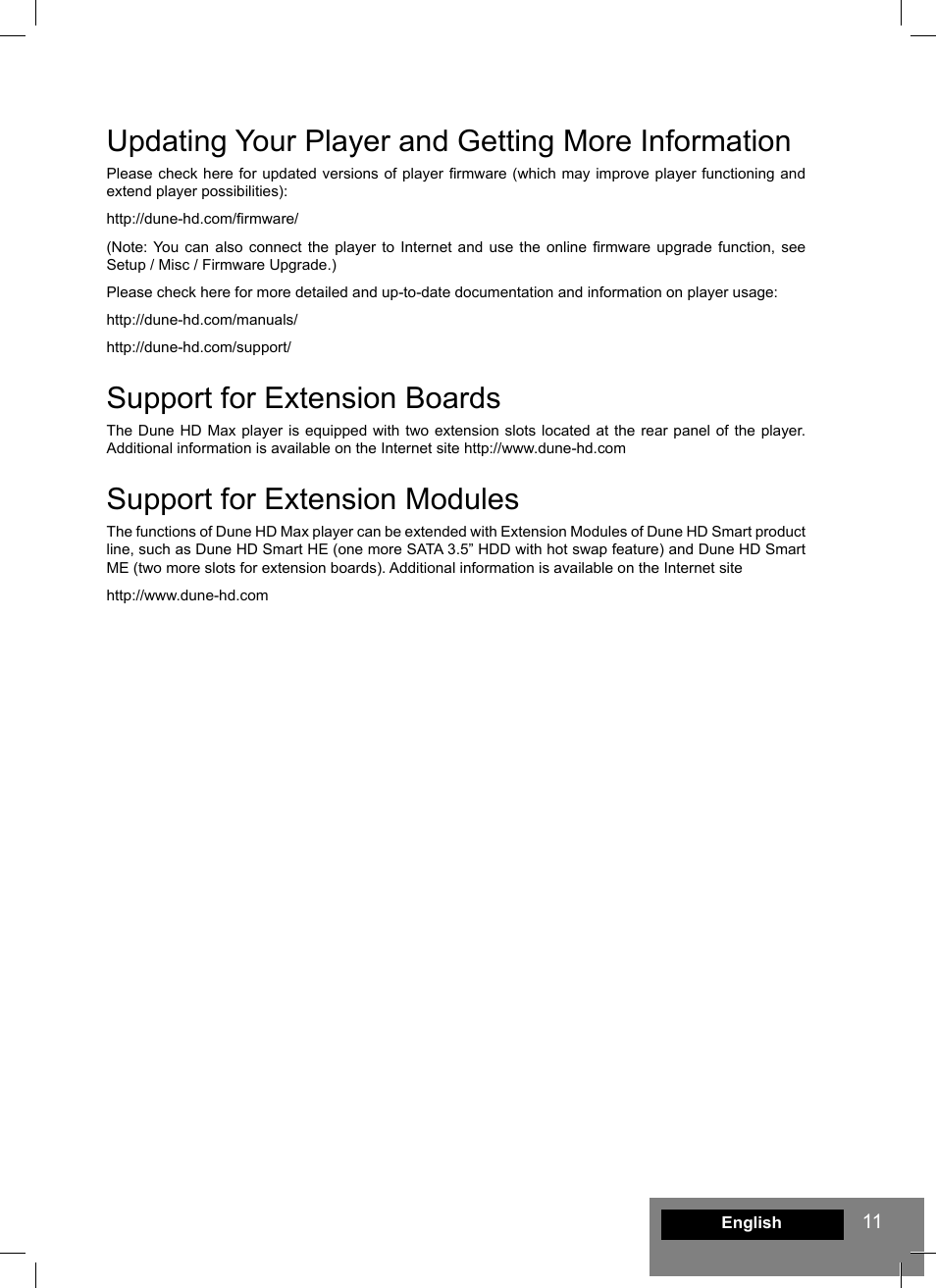 Updating your player and getting more information, Support for extension boards, Support for extension modules | DUNE HD Max User Manual | Page 11 / 76