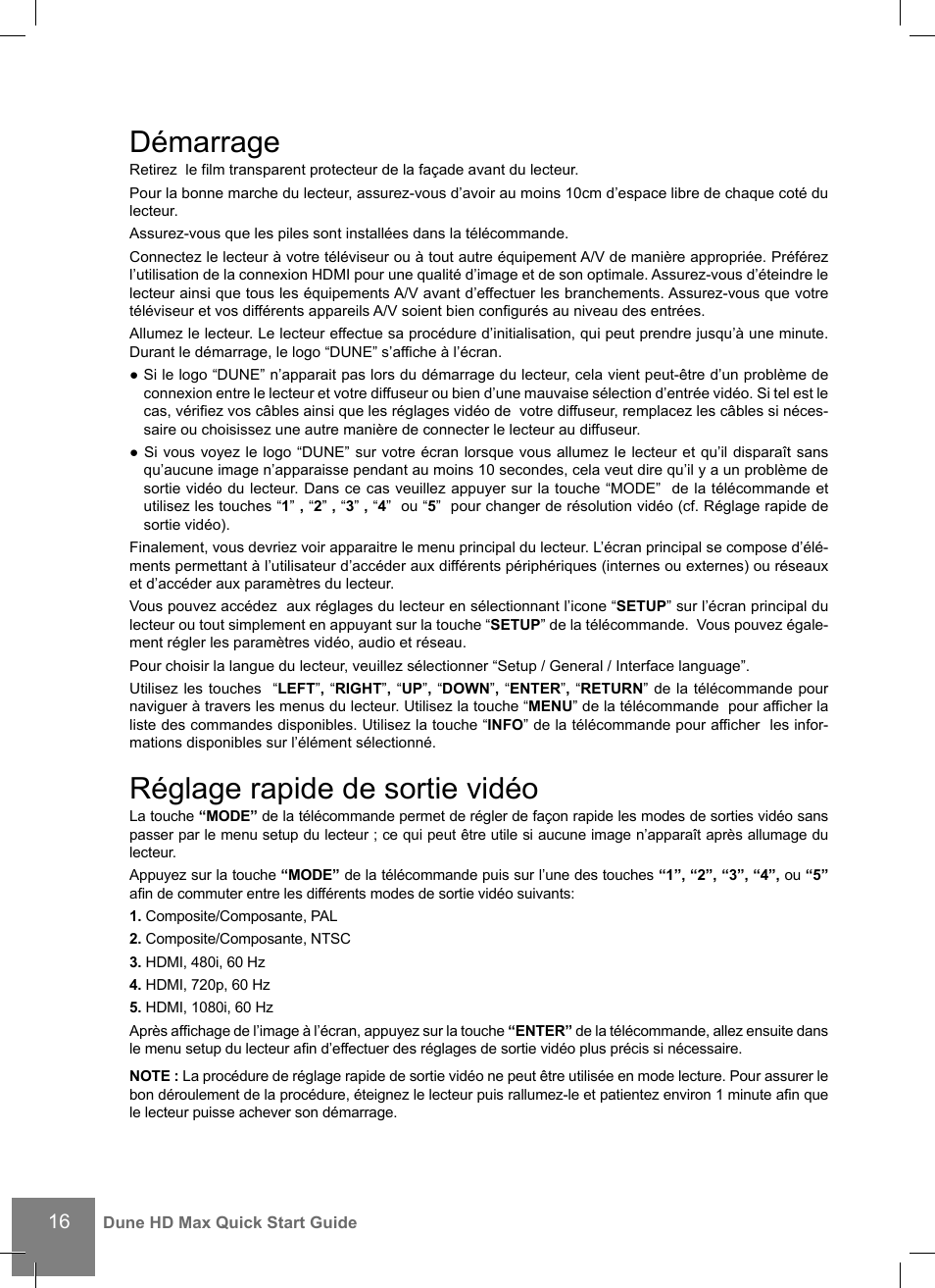 Démarrage, Réglage rapide de sortie vidéo | DUNE HD Max User Manual | Page 16 / 76