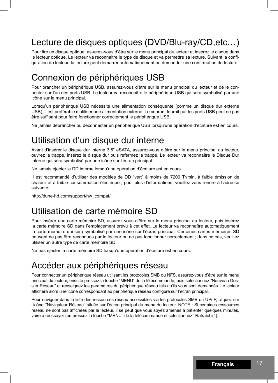 Lecture de disques optiques (dvd/blu-ray/cd,etc…), Connexion de périphériques usb, Utilisation d’un disque dur interne | Utilisation de carte mémoire sd, Accéder aux périphériques réseau | DUNE HD Max User Manual | Page 17 / 76