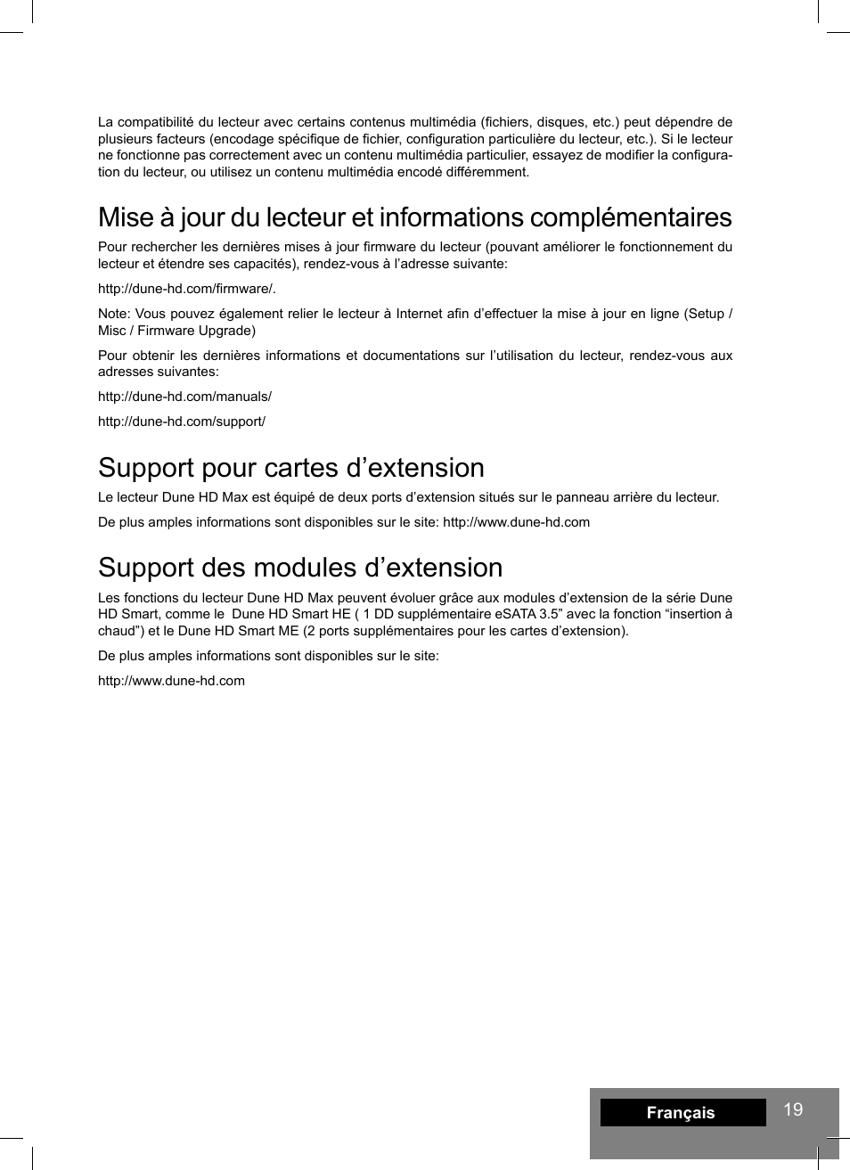 Support pour cartes d’extension, Support des modules d’extension | DUNE HD Max User Manual | Page 19 / 76