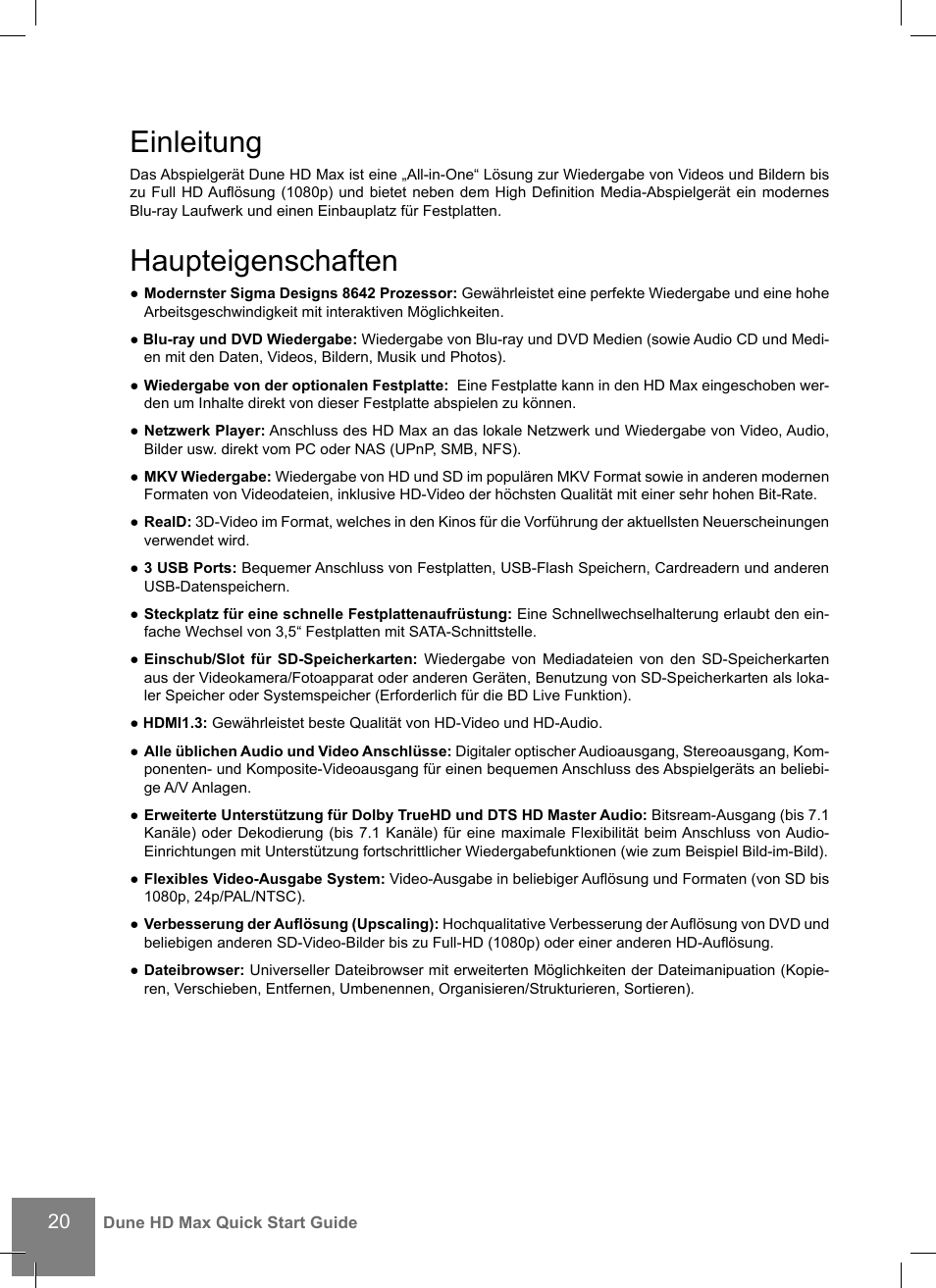 Einleitung, Haupteigenschaften | DUNE HD Max User Manual | Page 20 / 76