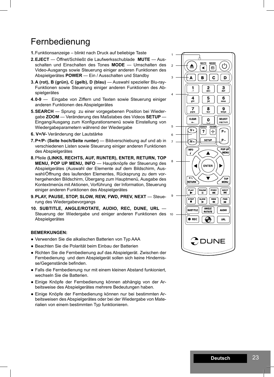 Fernbedienung | DUNE HD Max User Manual | Page 23 / 76