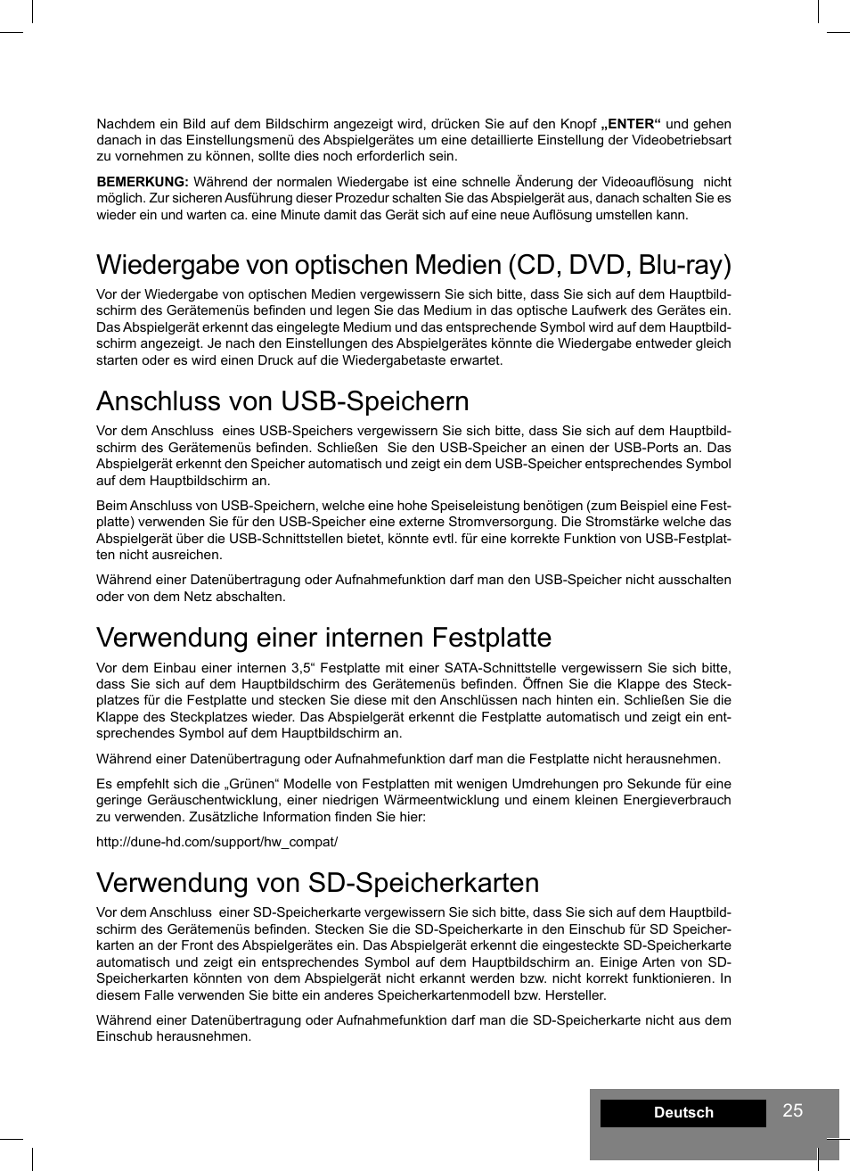 Wiedergabe von optischen medien (cd, dvd, blu-ray), Anschluss von usb-speichern, Verwendung einer internen festplatte | Verwendung von sd-speicherkarten | DUNE HD Max User Manual | Page 25 / 76