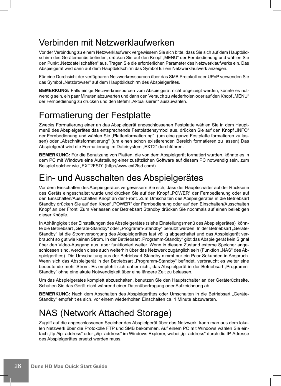 Verbinden mit netzwerklaufwerken, Formatierung der festplatte, Ein- und ausschalten des abspielgerätes | Nas (network attached storage) | DUNE HD Max User Manual | Page 26 / 76