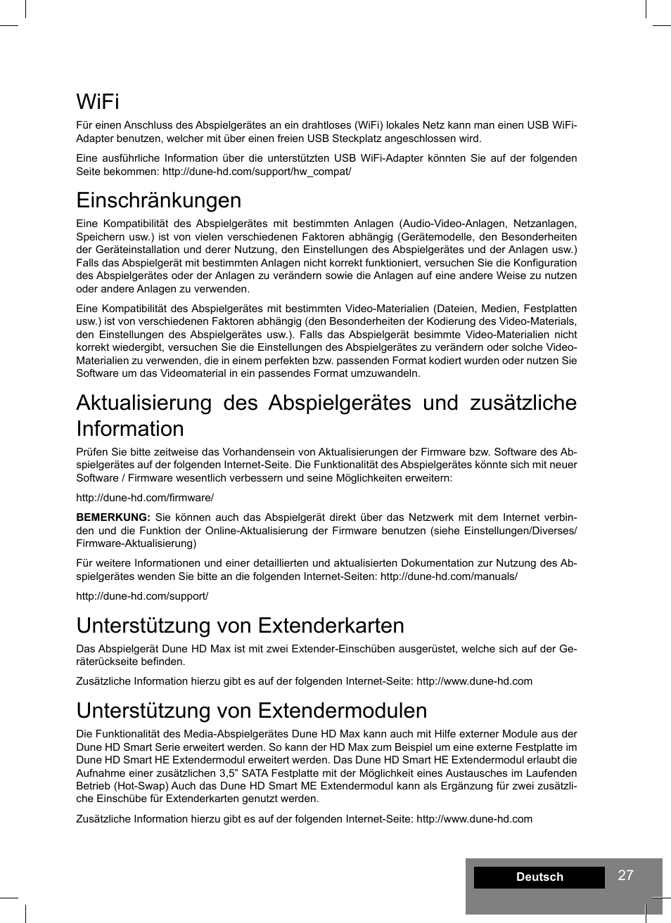 Wifi, Einschränkungen, Unterstützung von extenderkarten | Unterstützung von extendermodulen | DUNE HD Max User Manual | Page 27 / 76