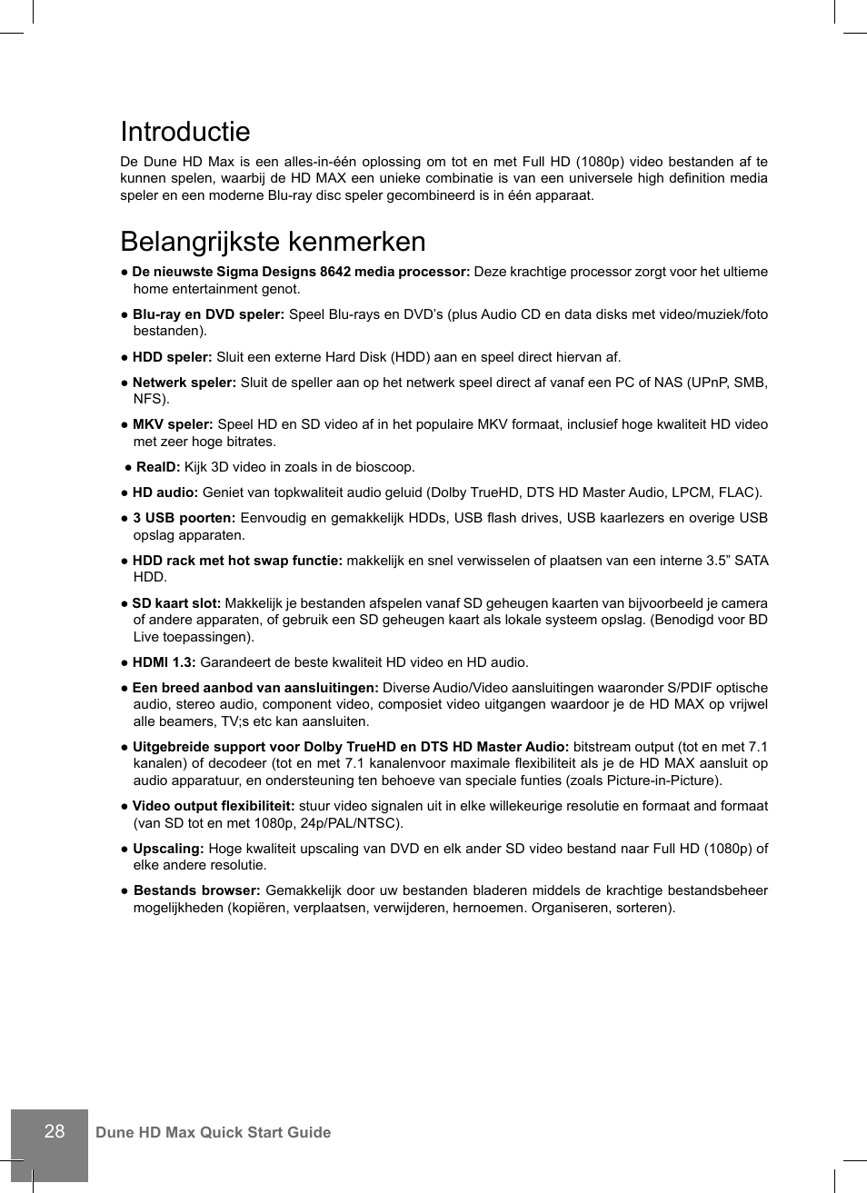 Introductie, Belangrijkste kenmerken | DUNE HD Max User Manual | Page 28 / 76