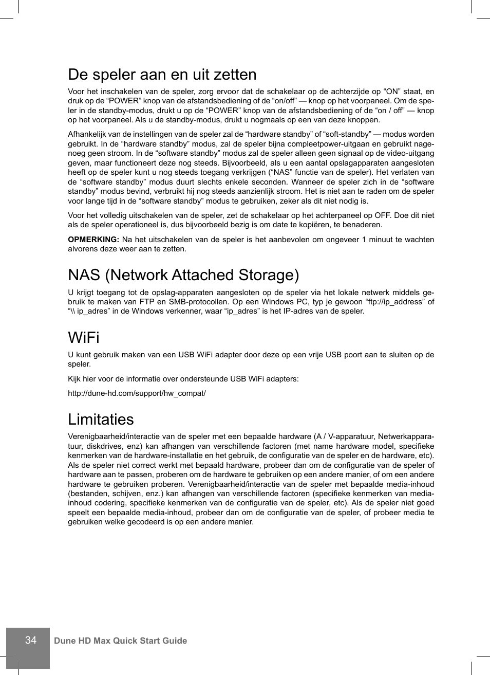 De speler aan en uit zetten, Nas (network attached storage), Wifi | Limitaties | DUNE HD Max User Manual | Page 34 / 76