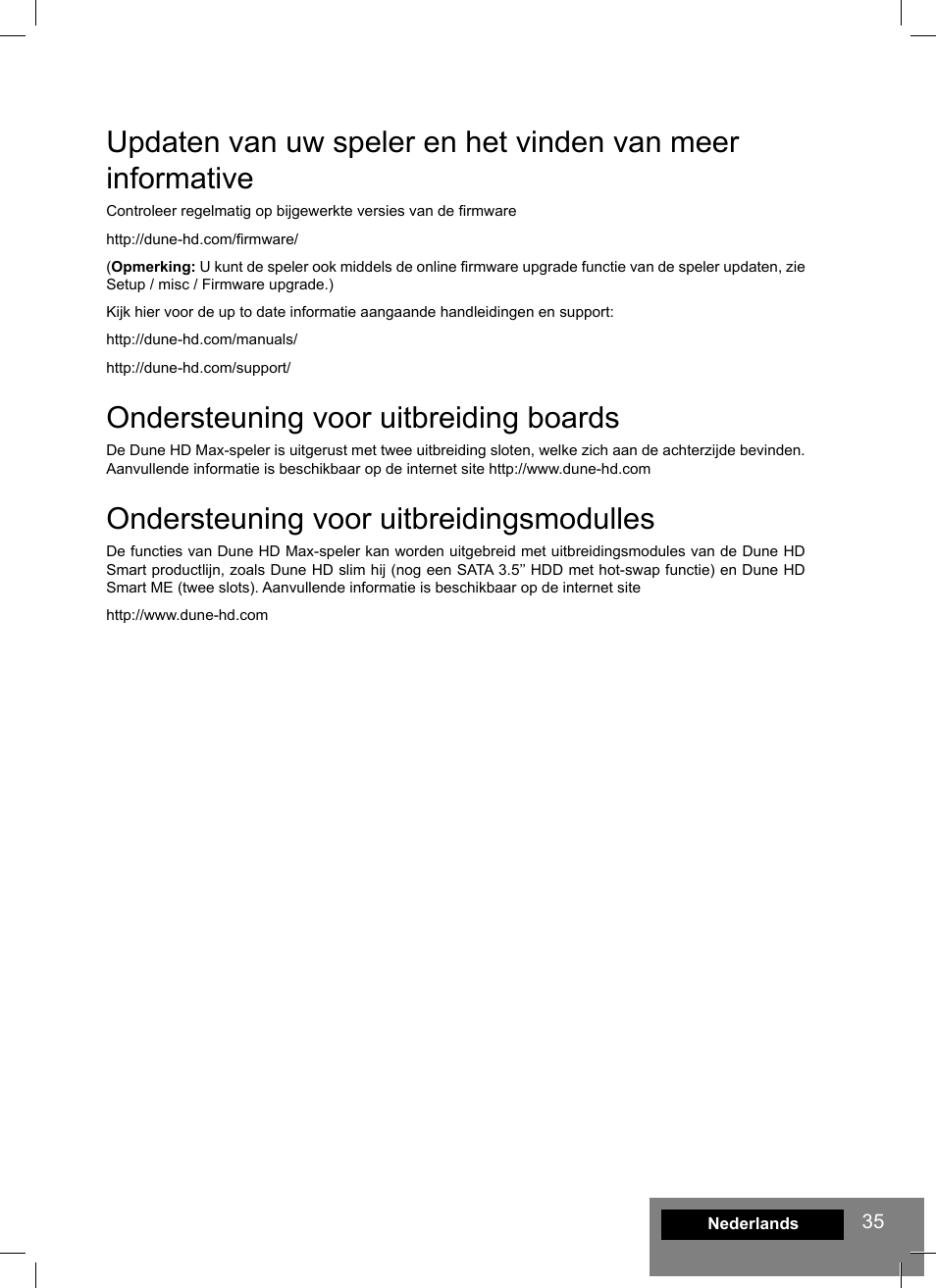 Ondersteuning voor uitbreiding boards, Ondersteuning voor uitbreidingsmodulles | DUNE HD Max User Manual | Page 35 / 76