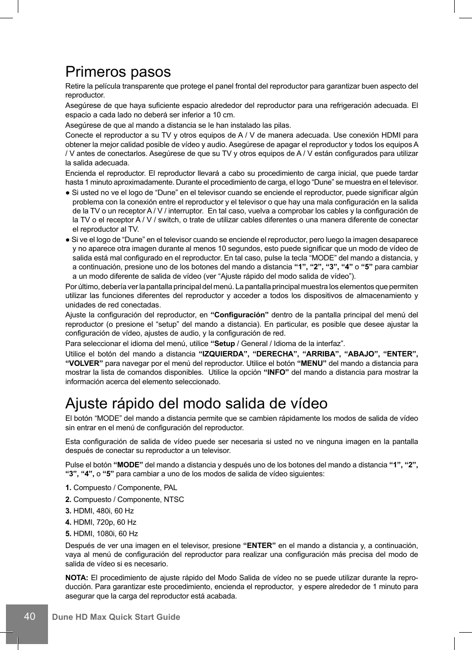 Primeros pasos, Ajuste rápido del modo salida de vídeo | DUNE HD Max User Manual | Page 40 / 76
