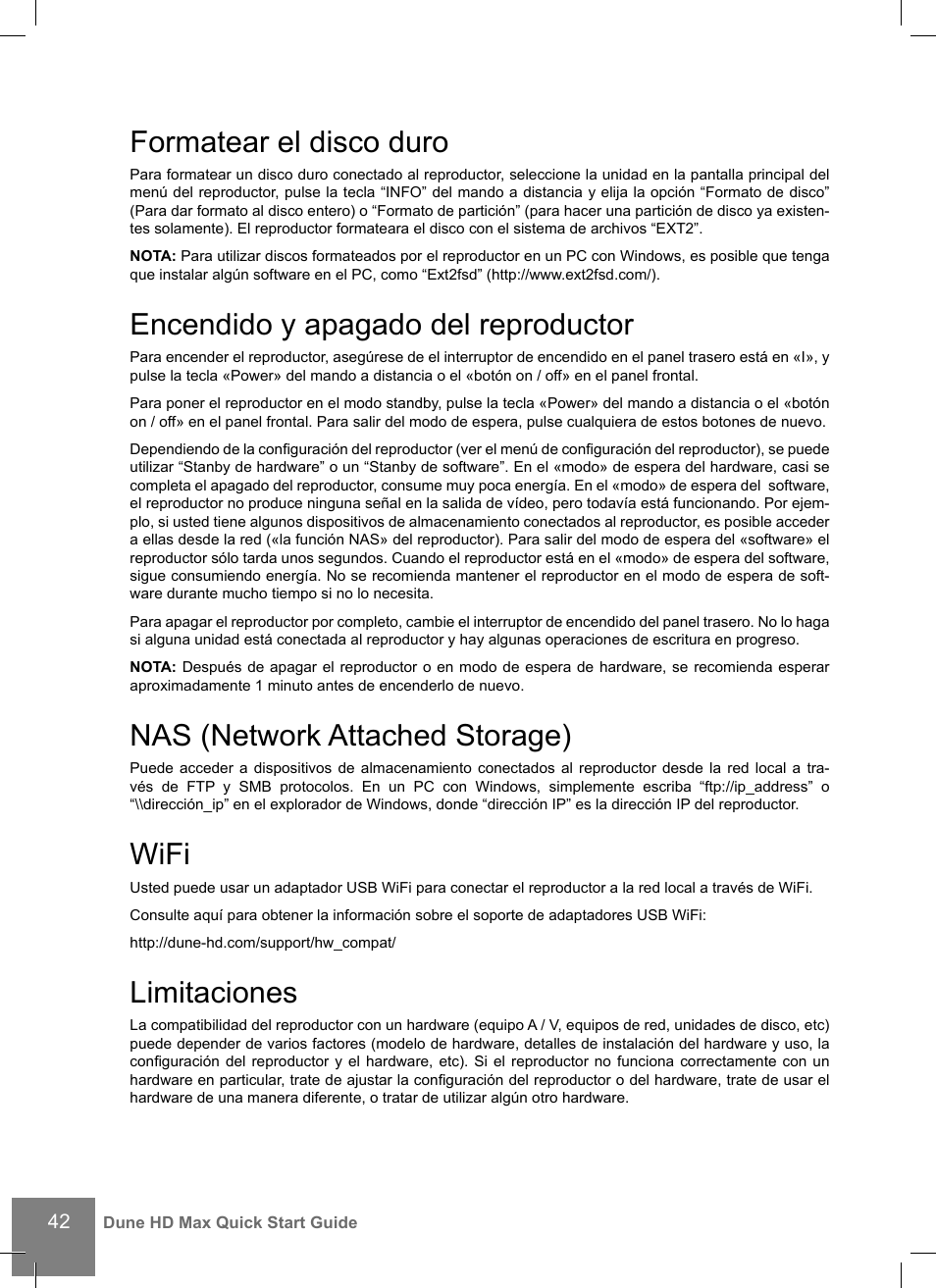 Formatear el disco duro, Encendido y apagado del reproductor, Nas (network attached storage) | Wifi, Limitaciones | DUNE HD Max User Manual | Page 42 / 76