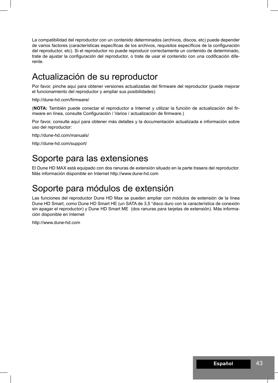 Actualización de su reproductor, Soporte para las extensiones, Soporte para módulos de extensión | DUNE HD Max User Manual | Page 43 / 76