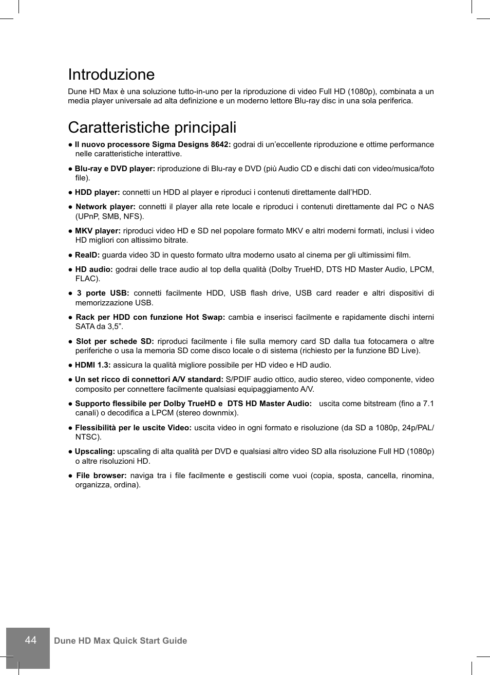 Introduzione, Caratteristiche principali | DUNE HD Max User Manual | Page 44 / 76
