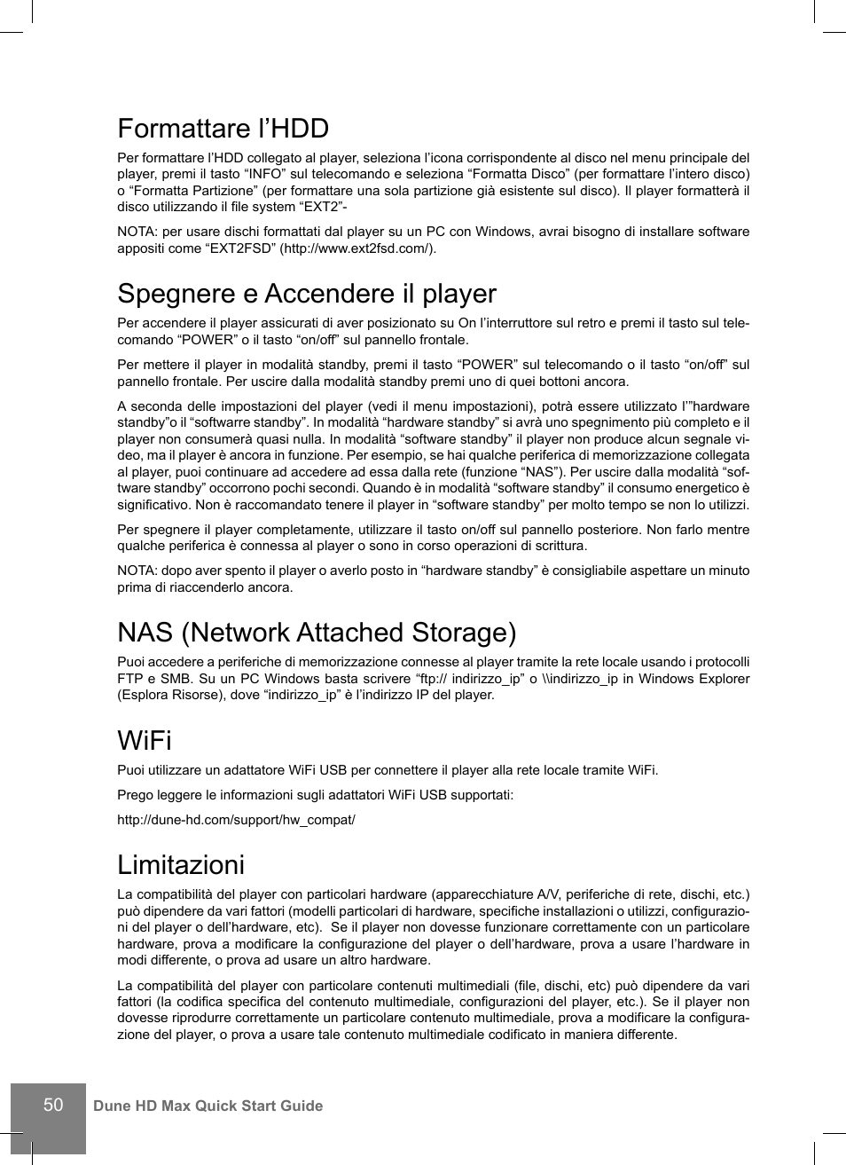 Formattare l’hdd, Spegnere e accendere il player, Nas (network attached storage) | Wifi, Limitazioni | DUNE HD Max User Manual | Page 50 / 76