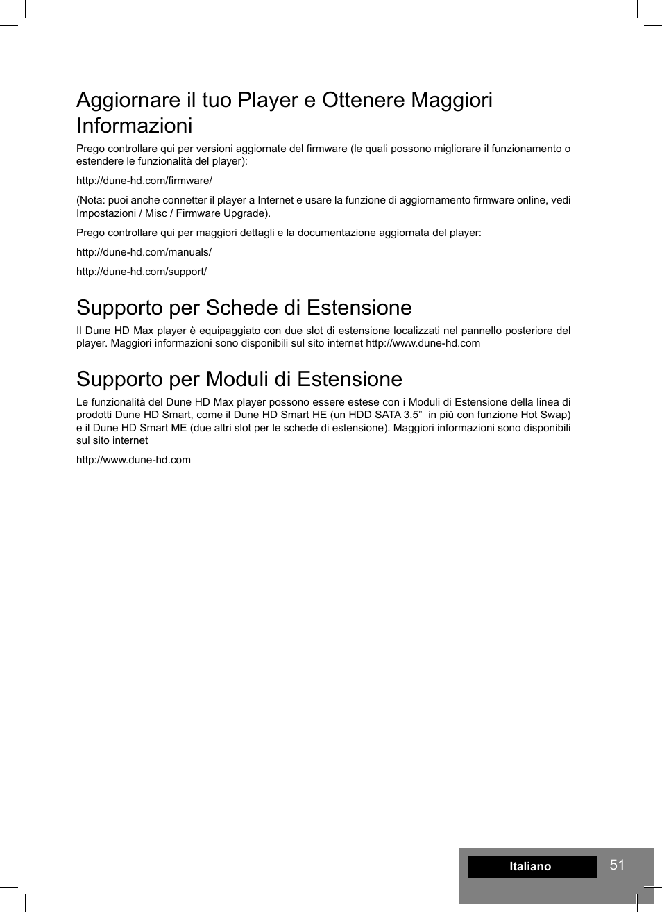 Supporto per schede di estensione, Supporto per moduli di estensione | DUNE HD Max User Manual | Page 51 / 76